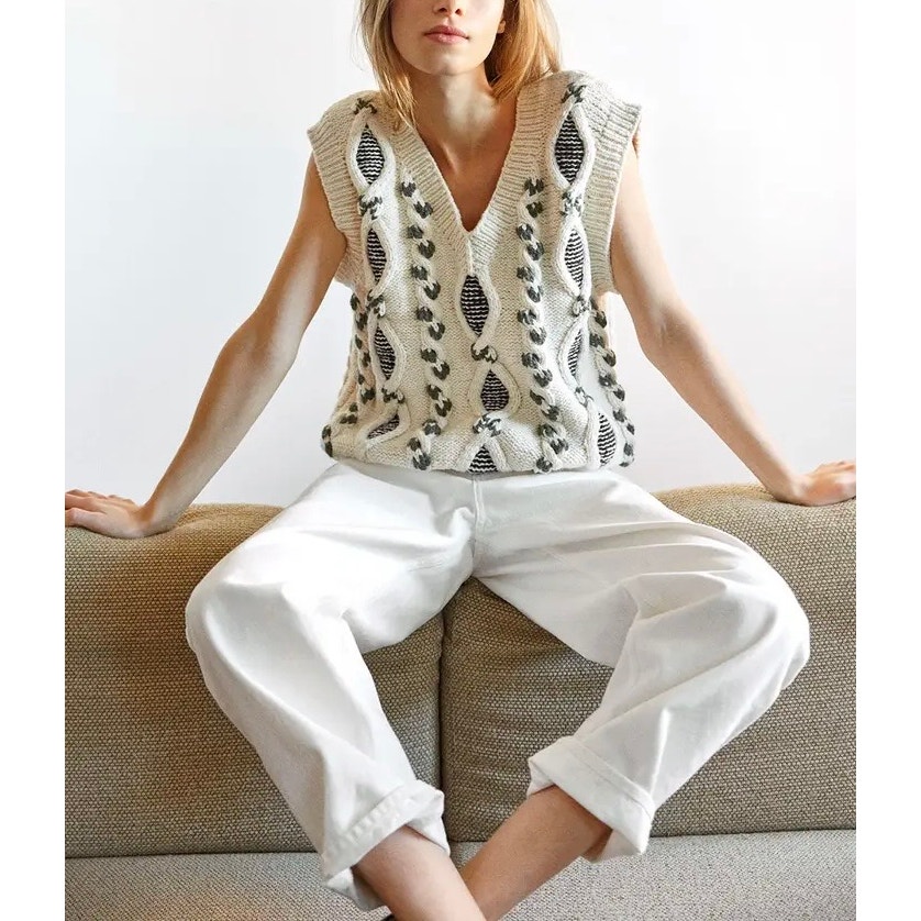 The Knotty Ones Laime Handmade Alpaca Wool Cotton Vest Womens Large Cream V-Neck